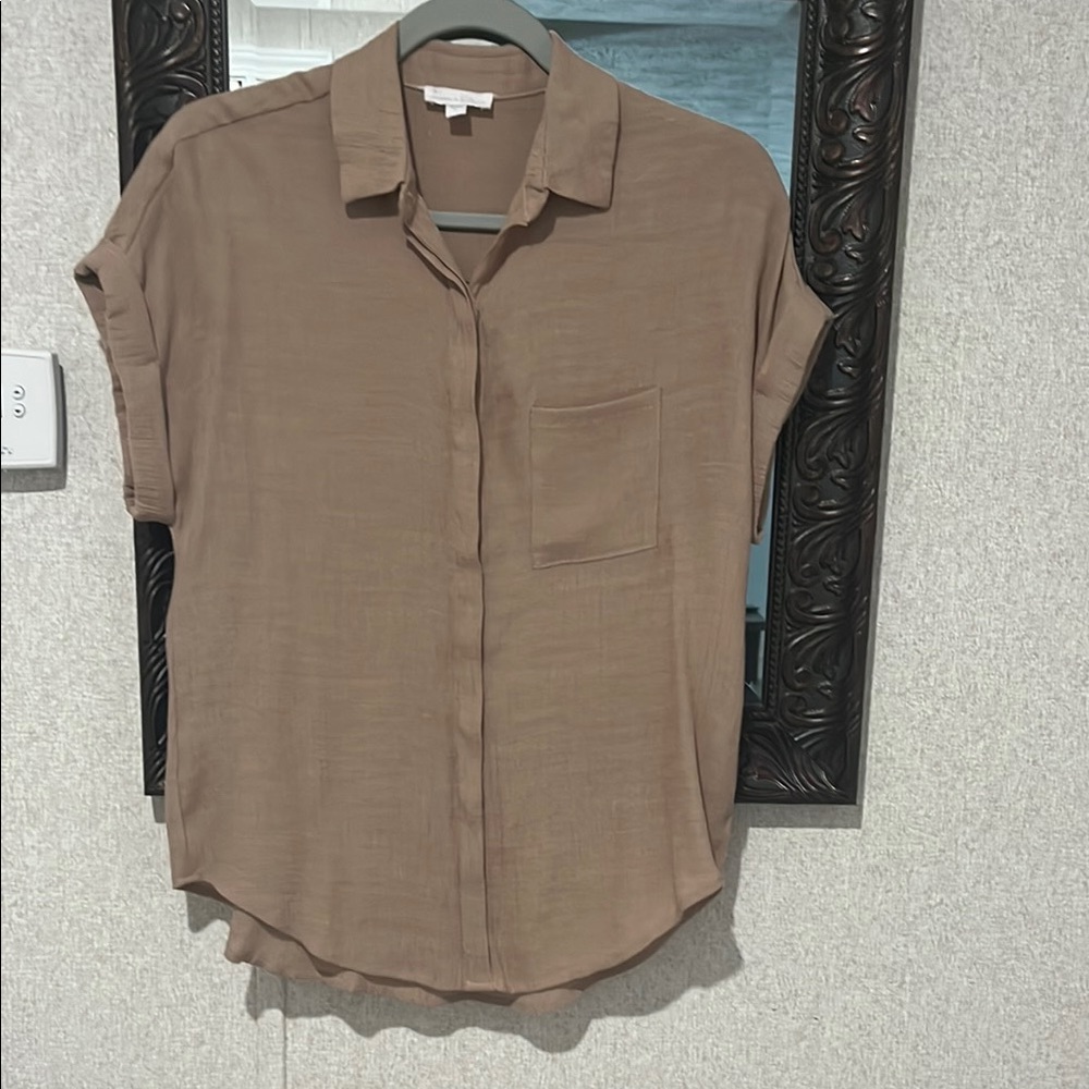 Stylish Tan Partial Button-Up Blouse